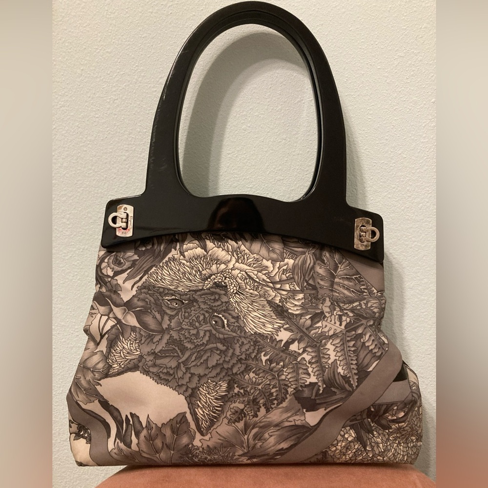 Rare Salvatore Ferragamo Black and Gray Safari Animal Print Shoulder Bag